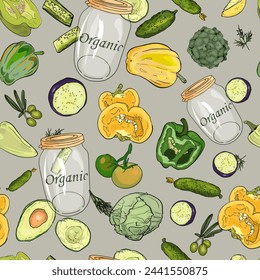 Organic food preservation seamless illustration. Jars for preservation, vegetables, fruits realistic pattern illustration. Print for wrapping paper. textiles, preparation for designers