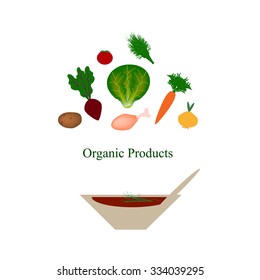 Organic food. Organic products. Organic vegetables. Vector illustration on isolated background.