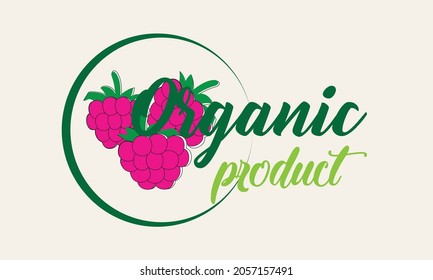 Logo de la frambuesa orgánica. Etiqueta del logotipo del embalaje para el producto ecológico ecológico ecológico. Producto natural. Colección de emblemas de cafés, insignias, etiquetas, empaque.