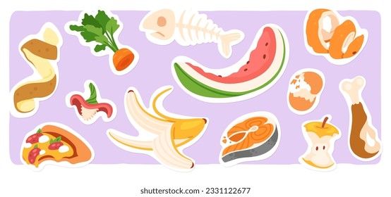 La comida orgánica sigue siendo un basurero. Naranja, piel de fruta bananera, cáscara de hueso de papa, restos de hueso de pescado que quedan en la recolección de basura. Reciclaje de desechos, eliminación, ecología e ilustración vectorial plana