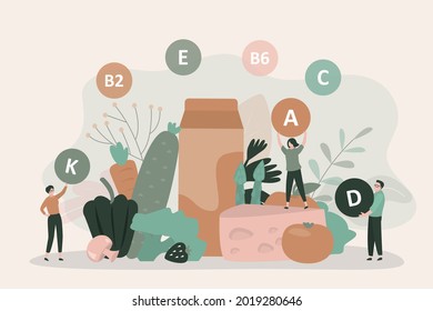 Organic food rich in various nutrients. Choose healthy foods. Various assortment fresh vegetables and fruits. Tiny women holding vitamins A, K. Healthy lifestyle, nutrition. Flat vector illustration