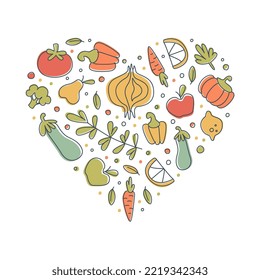 Organic Food with Ripe Fruit and Vegetable Arranged in Heart Vector Template
