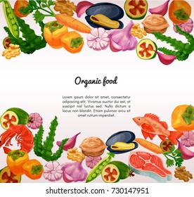 Organic food and seafood vector sketch colorful banner, persimmon, feijoa, sea bass, milk, carrot, garlic, walnut, salmon steak, pea, mussel, shrimp, seaweed