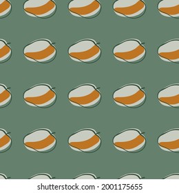 Organic food seamless pattern with abstract peach elemenets print. Pale green background. Designed for fabric design, textile print, wrapping, cover. Vector illustration.