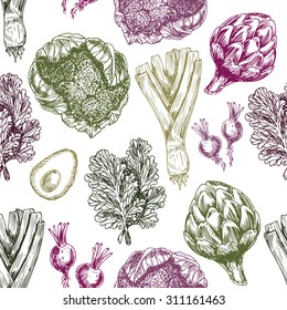 Organic food seamless pattern. Fresh vegetables background. Vector illustration