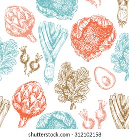 Organic food seamless pattern. Fresh vegetables background. Vector illustration