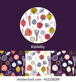 Organic food seamless pattern. Fresh vegetables background. Great for restaurant menu backdrop, healthy food concept, juice bar illustration. Vector illustration