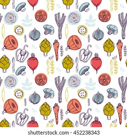 Organic food seamless pattern. Fresh vegetables background. Great for restaurant menu backdrop, healthy food concept, juice bar illustration. Vector illustration