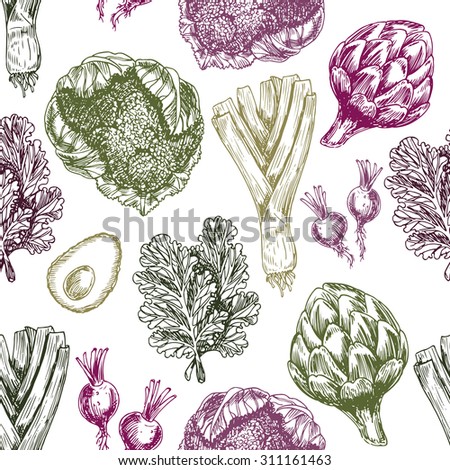 Organic food seamless pattern. Fresh vegetables background. Vector illustration