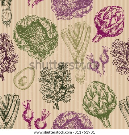 Organic food seamless pattern. Fresh vegetables background. Vector illustration
