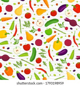 Organic food seamless pattern. Hand drawn fruit and vegetables. Stock vector endless background. 