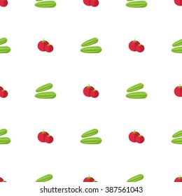 Organic food seamless pattern with red whole tomatoes and cucumbers. 