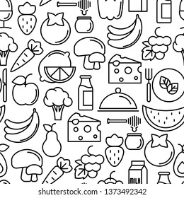 Organic food seamless pattern with thin line icons of fresh natural products, vegetarian groceries. Vector illustration for web site about healthy nutrition.