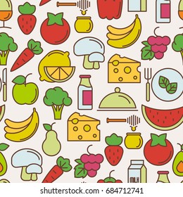 Organic food seamless pattern with thin line icons of fresh natural products, vegetarian groceries. Vector illustration for web site about healthy nutrition.