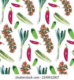 Organic food seamless pattern. Vector fruit and vegetables on a white background.
