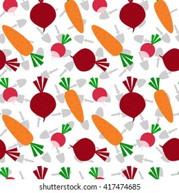 Organic food seamless pattern. Vector vegetables on a white background with shovel. Backdrop with radish, carrot and beet