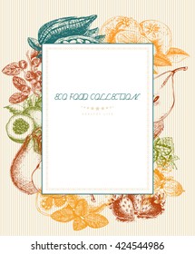 Organic food. Set of vegetables, fruits and spices. Farm meal. Poster. Menu