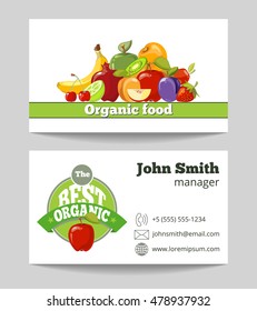 Organic Food Shop Business Card Template For The Fruit Farm. Vector Illustration