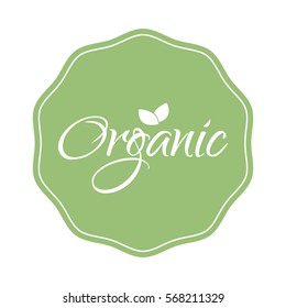 Organic food sticker. Vector label illustration. Green symbol with leaves isolated