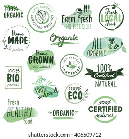 Organic food stickers and badges. Hand drawn watercolor vector illustration set for food and drink, restaurant, natural products.