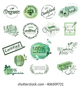 Organic Food Stickers And Elements. Hand Drawn Watercolor Vector Illustration Set For Food And Drink, Restaurant, Natural Products.