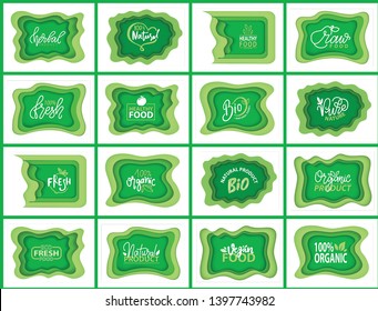 Organic food and supplies vector, isolated set of green logotypes, foliage vegetal elements, apple and plants with leaves natural meal and ingredients
