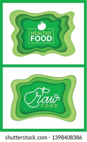 Organic food and supplies vector, isolated set of green logotypes, foliage vegetal elements, apple and plants with leaves natural meal and ingredients