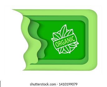 Organic food and supplies vector, isolated set of green logotypes, foliage vegetal elements, apple and plants with leaves natural meal and ingredients