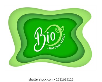 Organic food and supplies vector, isolated set of green logotypes, foliage vegetal elements, apple and plants with leaves natural meal and ingredients