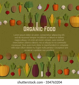 Organic food template. Healthy eating vector concept with vegetables and place for your Text. Can be used in menu, cooking books, organic farm labels, flyers. Fresh Vegetables Concept. 