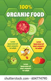 Organic food template, vector background with illustrations