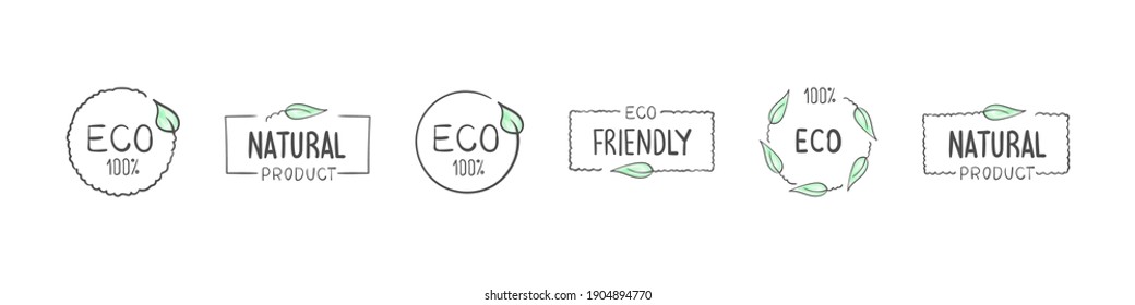 Organic food templates signs. Set of eco, bio, organic, fresh, healthy, 100 percent, nateral food. Vector illustration