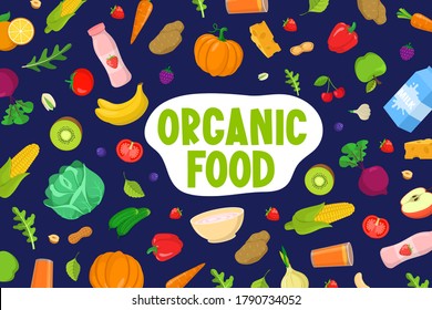 Organic Food text and fruits vegetables pattern. Ecological background vector design template.
