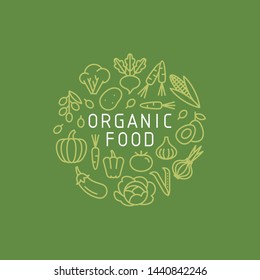 Organic food text and symbols. Vegetables vector set. Healthy diet product.