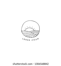 Organic food theme. Vector hand drawn field and a sun. Farm logo template. Isolated symbol for farmers markets, fairs, and grocery stores, for business branding and identity.