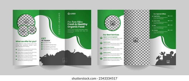 organic food trifold brochure template or organic healthy food shop tri fold brochure design, green food trifold brochure template