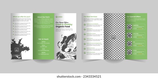 organic food trifold brochure template or organic healthy food shop tri fold brochure design, green food trifold brochure template