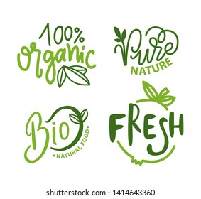 Organic food vector, 100 percent of natural ingredients set of isolated emblems and logotypes. Logo with inscription and plants foliage and flora