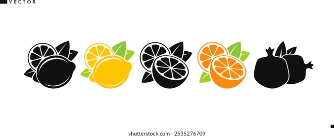 Vector de alimentos orgánicos. Conjunto de iconos de frutas cítricas. Mandarina de granada de limón y lima aislada y fruta de naranja. Silueta de comida vegana