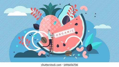 Organic food vector illustration. Flat tiny biological raw fruit and vegetables persons concept. Ecological and sustainable natural farming products for healthy and tasty nutrition living lifestyle.