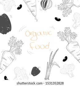 organic food. vector illustration with hand drawing lettering in the circle of caricature contours of vegetables, decor elements. healthy lifestyle. Design for banners, posters, prints.