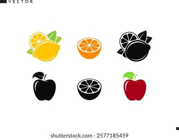 Organic food vector illustration. Natural food icon. Isolated orange fruit lemon tangerine and red apple 