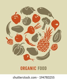 Organic food vector illustration with silhouettes of vegetables and fruits 