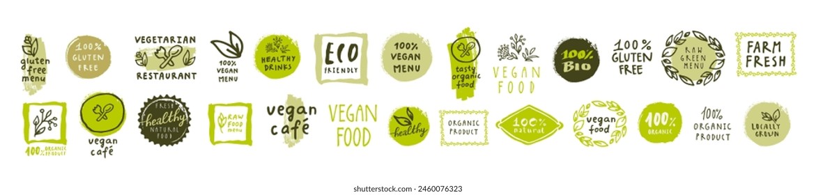 Organic food vector labels set. Fresh healthy food icons. 100% natural organic logo templates. Bio labels. Green vintage stickers, badges for restaurant menu or food package