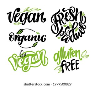 Comida orgánica - Vegan - Glutten libre - Productos frescos - linda etiqueta de doodle dibujada a mano con letras.