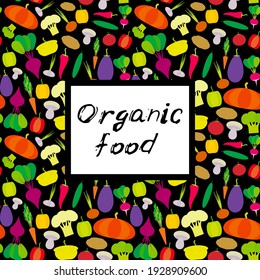 Organic food. vegetables bell peppers pumpkin beets carrots eggplant red hot peppers cauliflower broccoli potatoes mushrooms cucumber onion garlic, tomato radish on black background. Vector