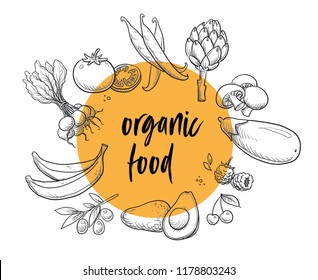 Organic food vegetables and fruits badge or sign, line drawing on colorful transparent circle. With radish, avocado, egg plant, cherries, banana. Hand drawn doodle vector illustration.