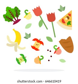 Organic food waste. Banana peel, Slice of pizza, Apple sticks, a piece of bread flat material design isolated on white