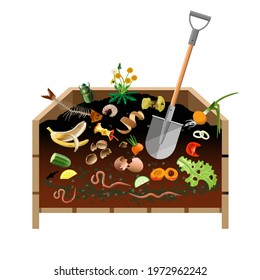 Organic food waste compost bin and plant residues. Vector illustration isolated on white background