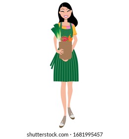 Organic food, young woman with a paper bag full of vegetables. Vector illustration.